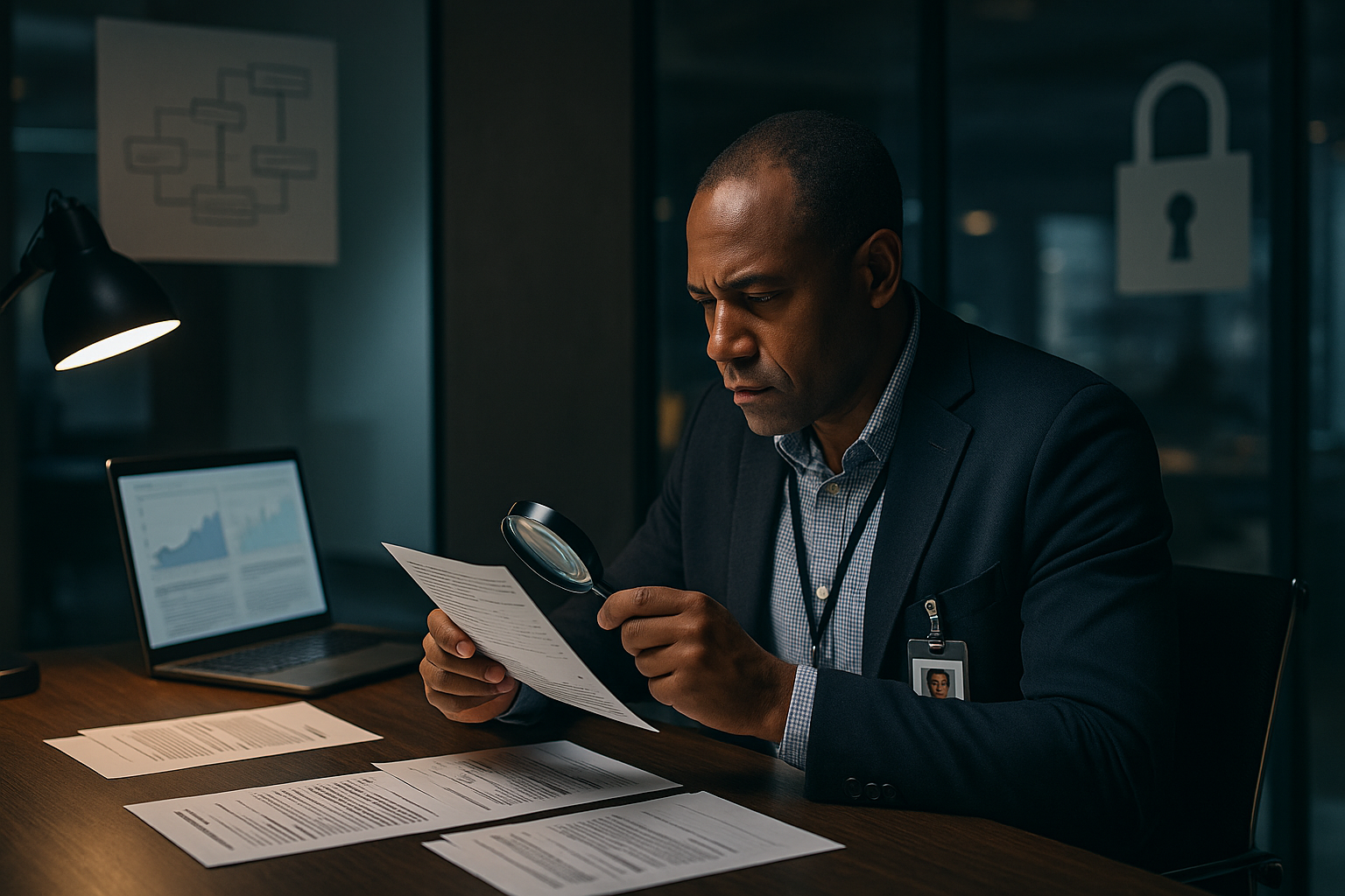 Expert reviewing documents related to fraud prevention